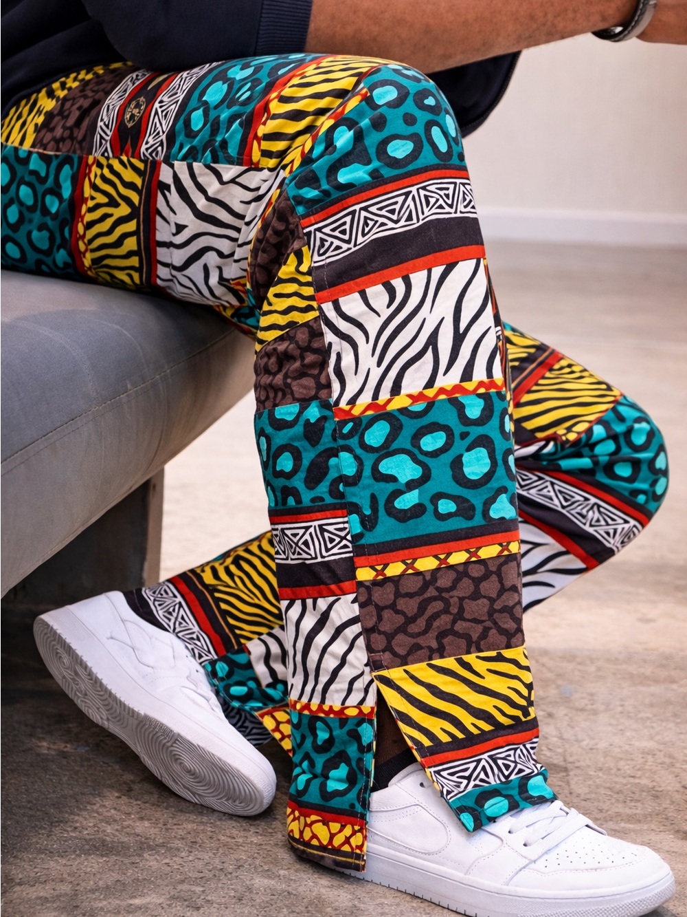 Unisex Colorblock Animal Print Patchwork Pants - African print (Ankara)